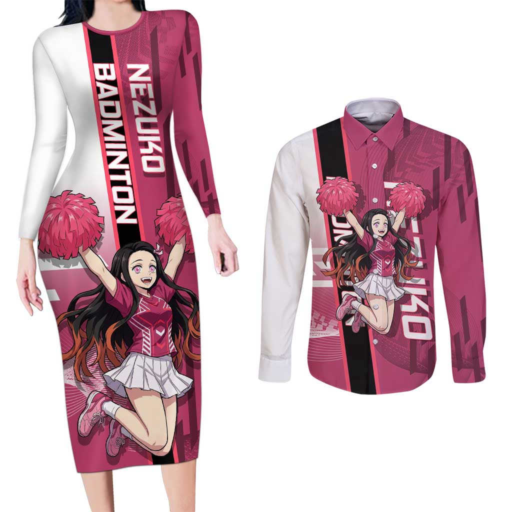 Personalized Nezuko Kamado Demon Slayer Badminton Cheerleader Couples Matching Long Sleeve Bodycon Dress and Long Sleeve Button Shirt with Pom Poms and Pink White Graphic Design - The Mazicc