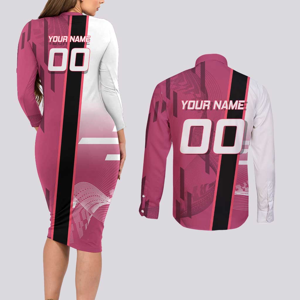 Personalized Nezuko Kamado Demon Slayer Badminton Cheerleader Couples Matching Long Sleeve Bodycon Dress and Long Sleeve Button Shirt with Pom Poms and Pink White Graphic Design - The Mazicc