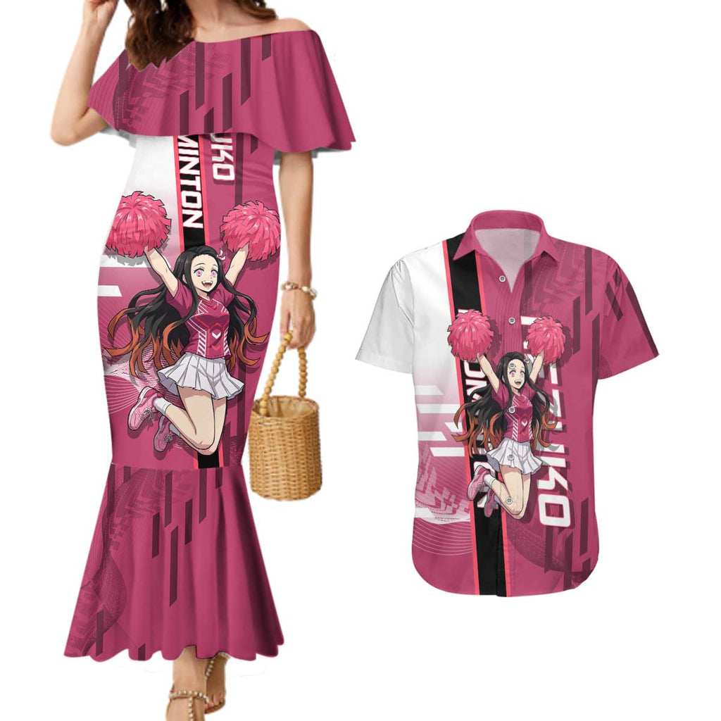 Personalized Nezuko Kamado Demon Slayer Badminton Cheerleader Couples Matching Mermaid Dress and Hawaiian Shirt with Pom Poms and Pink White Graphic Design - The Mazicc
