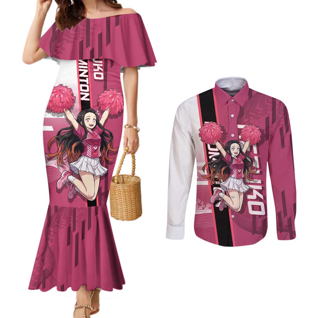 Personalized Nezuko Kamado Demon Slayer Badminton Cheerleader Couples Matching Mermaid Dress and Long Sleeve Button Shirt with Pom Poms and Pink White Graphic Design - The Mazicc