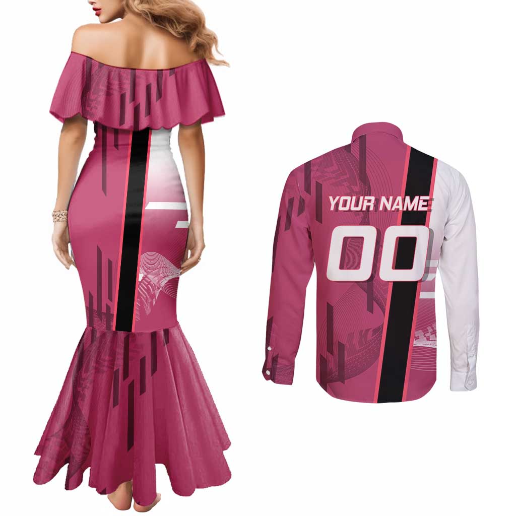 Personalized Nezuko Kamado Demon Slayer Badminton Cheerleader Couples Matching Mermaid Dress and Long Sleeve Button Shirt with Pom Poms and Pink White Graphic Design - The Mazicc