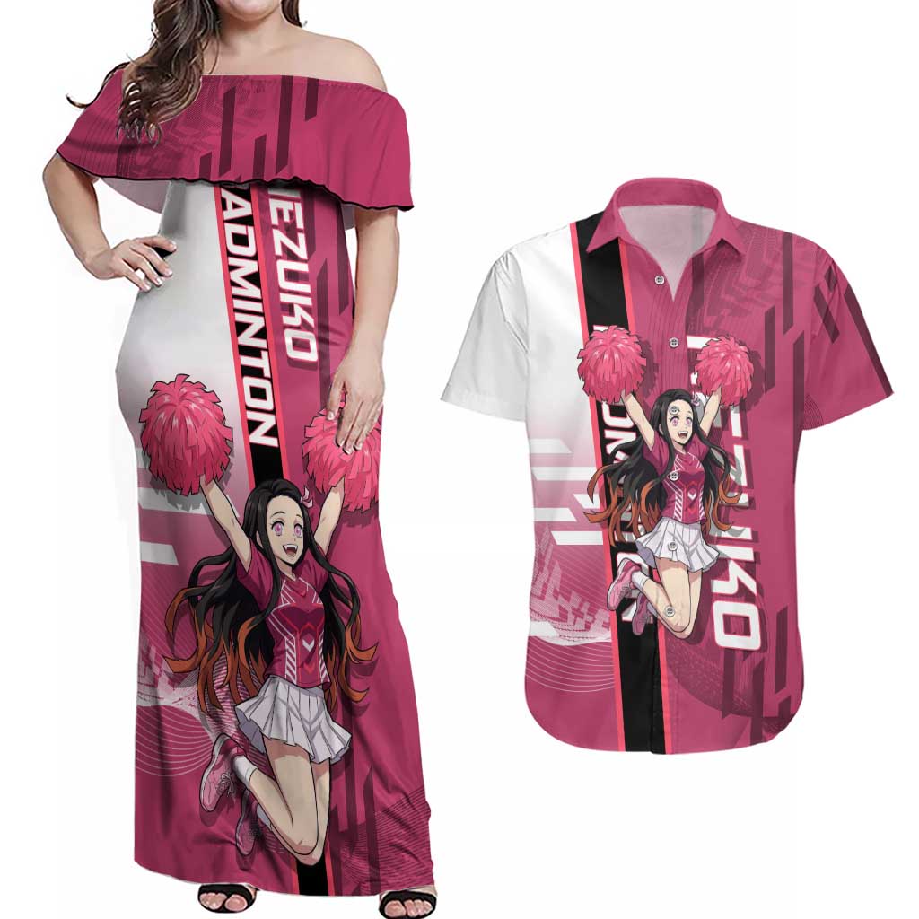 Personalized Nezuko Kamado Demon Slayer Badminton Cheerleader Couples Matching Off Shoulder Maxi Dress and Hawaiian Shirt with Pom Poms and Pink White Graphic Design - The Mazicc