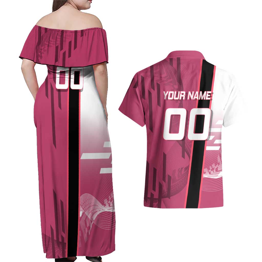 Personalized Nezuko Kamado Demon Slayer Badminton Cheerleader Couples Matching Off Shoulder Maxi Dress and Hawaiian Shirt with Pom Poms and Pink White Graphic Design - The Mazicc
