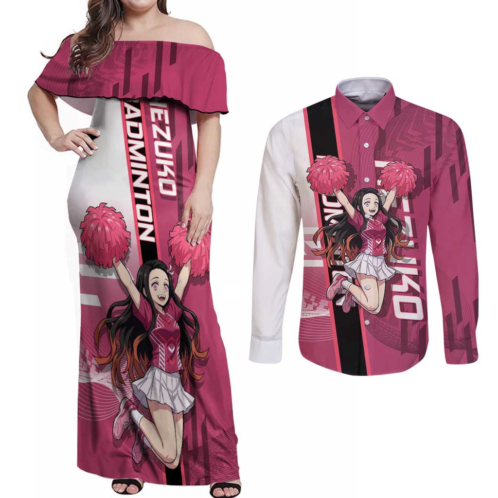 Personalized Nezuko Kamado Demon Slayer Badminton Cheerleader Couples Matching Off Shoulder Maxi Dress and Long Sleeve Button Shirt with Pom Poms and Pink White Graphic Design - The Mazicc