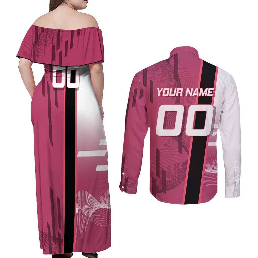 Personalized Nezuko Kamado Demon Slayer Badminton Cheerleader Couples Matching Off Shoulder Maxi Dress and Long Sleeve Button Shirt with Pom Poms and Pink White Graphic Design - The Mazicc