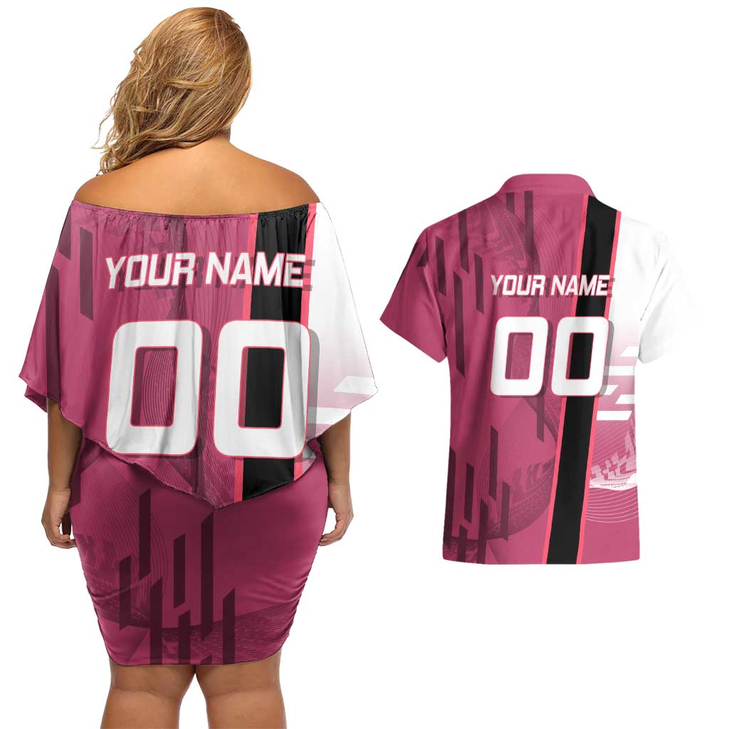 Personalized Nezuko Kamado Demon Slayer Badminton Cheerleader Couples Matching Off Shoulder Short Dress and Hawaiian Shirt with Pom Poms and Pink White Graphic Design - The Mazicc