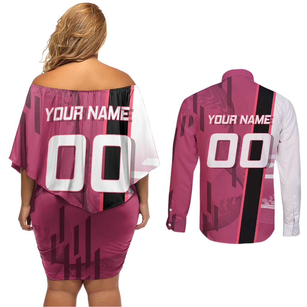 Personalized Nezuko Kamado Demon Slayer Badminton Cheerleader Couples Matching Off Shoulder Short Dress and Long Sleeve Button Shirt with Pom Poms and Pink White Graphic Design - The Mazicc