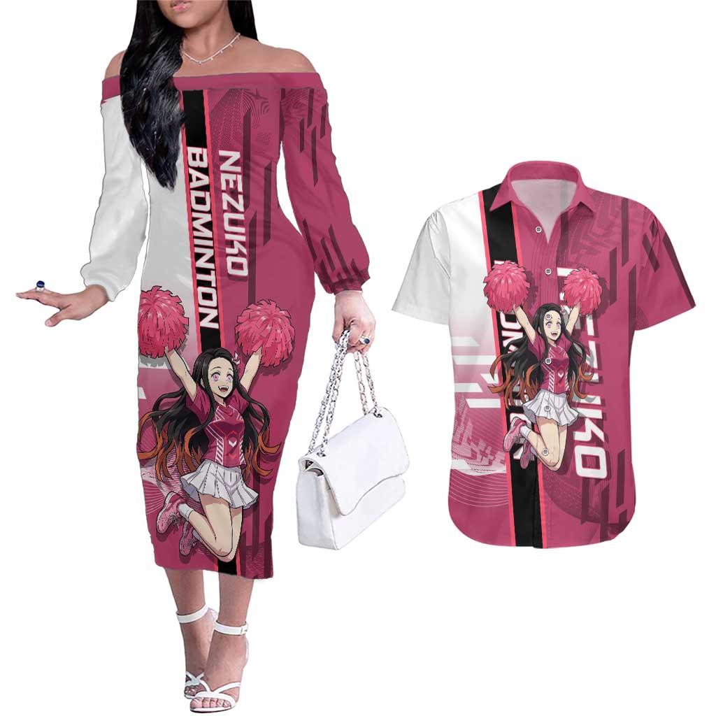 Personalized Nezuko Kamado Demon Slayer Badminton Cheerleader Couples Matching Off The Shoulder Long Sleeve Dress and Hawaiian Shirt with Pom Poms and Pink White Graphic Design - The Mazicc