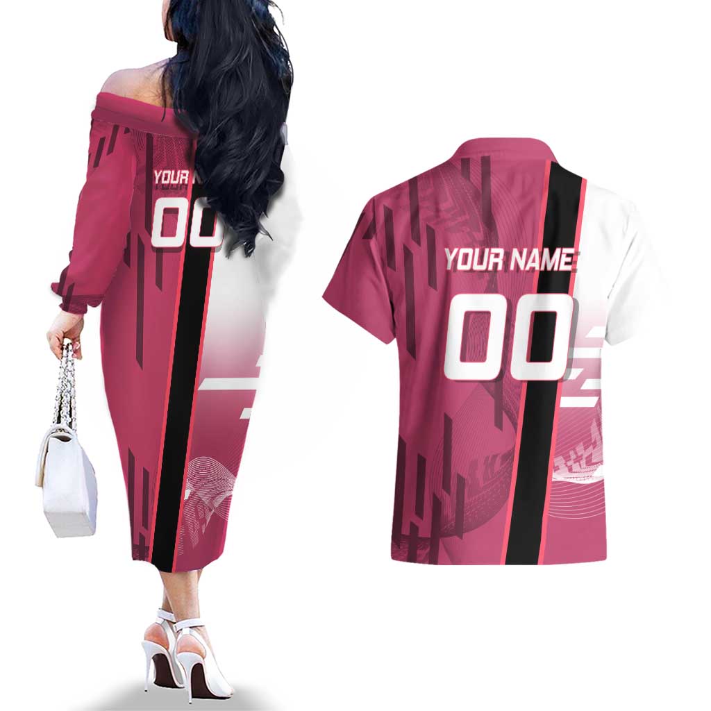 Personalized Nezuko Kamado Demon Slayer Badminton Cheerleader Couples Matching Off The Shoulder Long Sleeve Dress and Hawaiian Shirt with Pom Poms and Pink White Graphic Design - The Mazicc