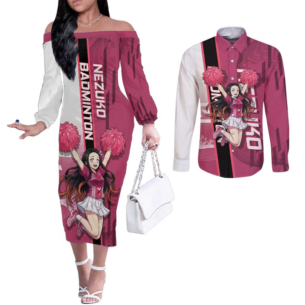 Personalized Nezuko Kamado Demon Slayer Badminton Cheerleader Couples Matching Off The Shoulder Long Sleeve Dress and Long Sleeve Button Shirt with Pom Poms and Pink White Graphic Design - The Mazicc