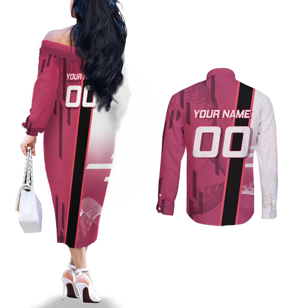 Personalized Nezuko Kamado Demon Slayer Badminton Cheerleader Couples Matching Off The Shoulder Long Sleeve Dress and Long Sleeve Button Shirt with Pom Poms and Pink White Graphic Design - The Mazicc