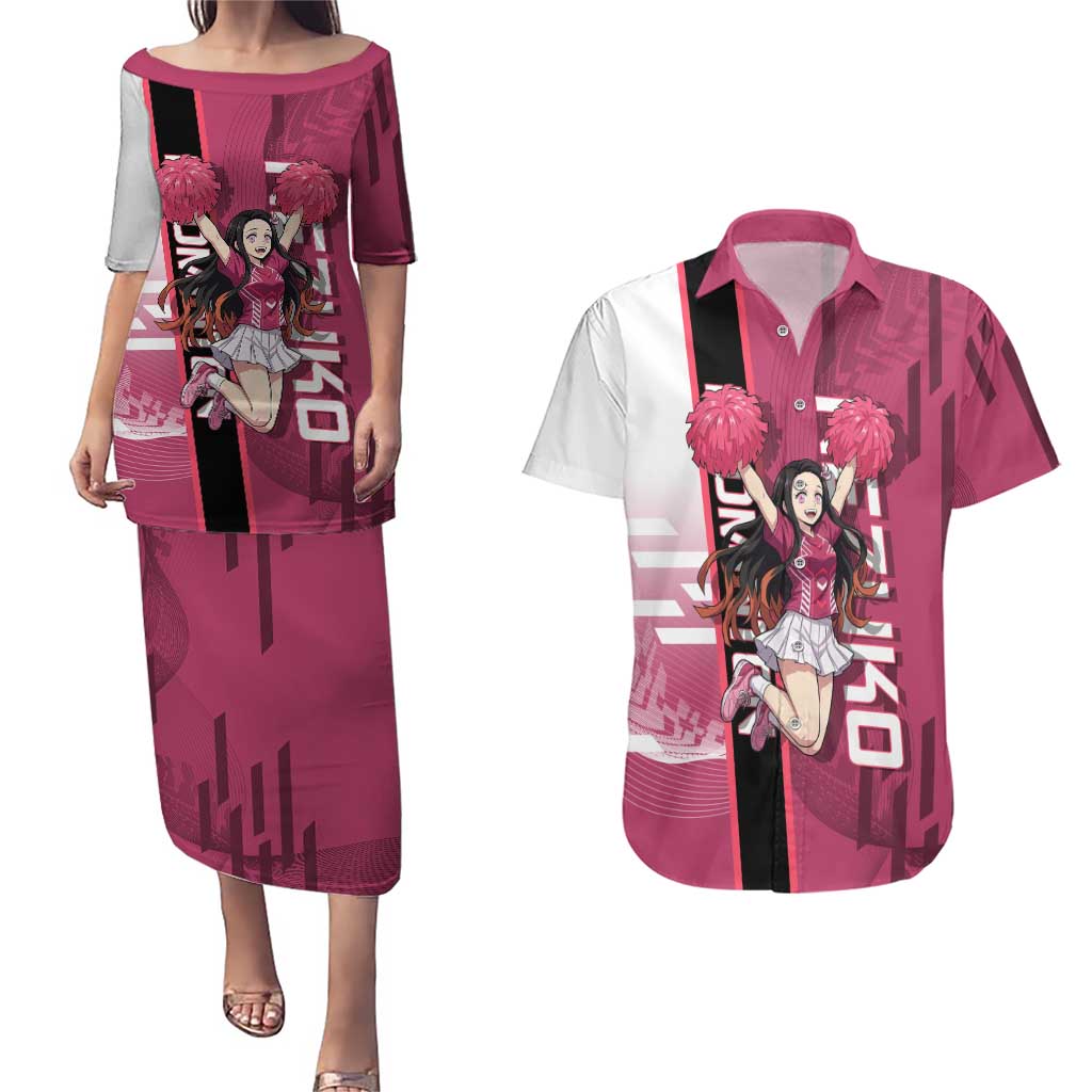 Personalized Nezuko Kamado Demon Slayer Badminton Cheerleader Couples Matching Puletasi and Hawaiian Shirt with Pom Poms and Pink White Graphic Design - The Mazicc