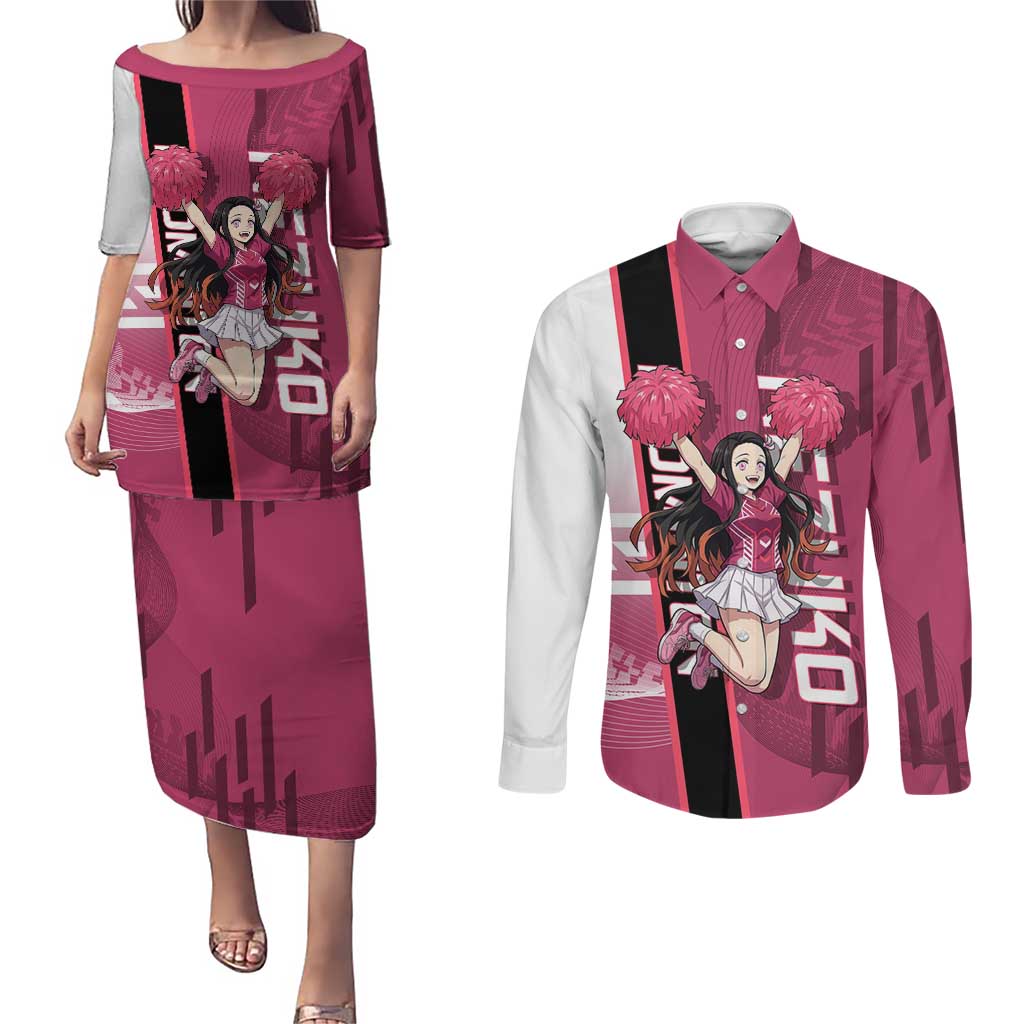 Personalized Nezuko Kamado Demon Slayer Badminton Cheerleader Couples Matching Puletasi and Long Sleeve Button Shirt with Pom Poms and Pink White Graphic Design - The Mazicc
