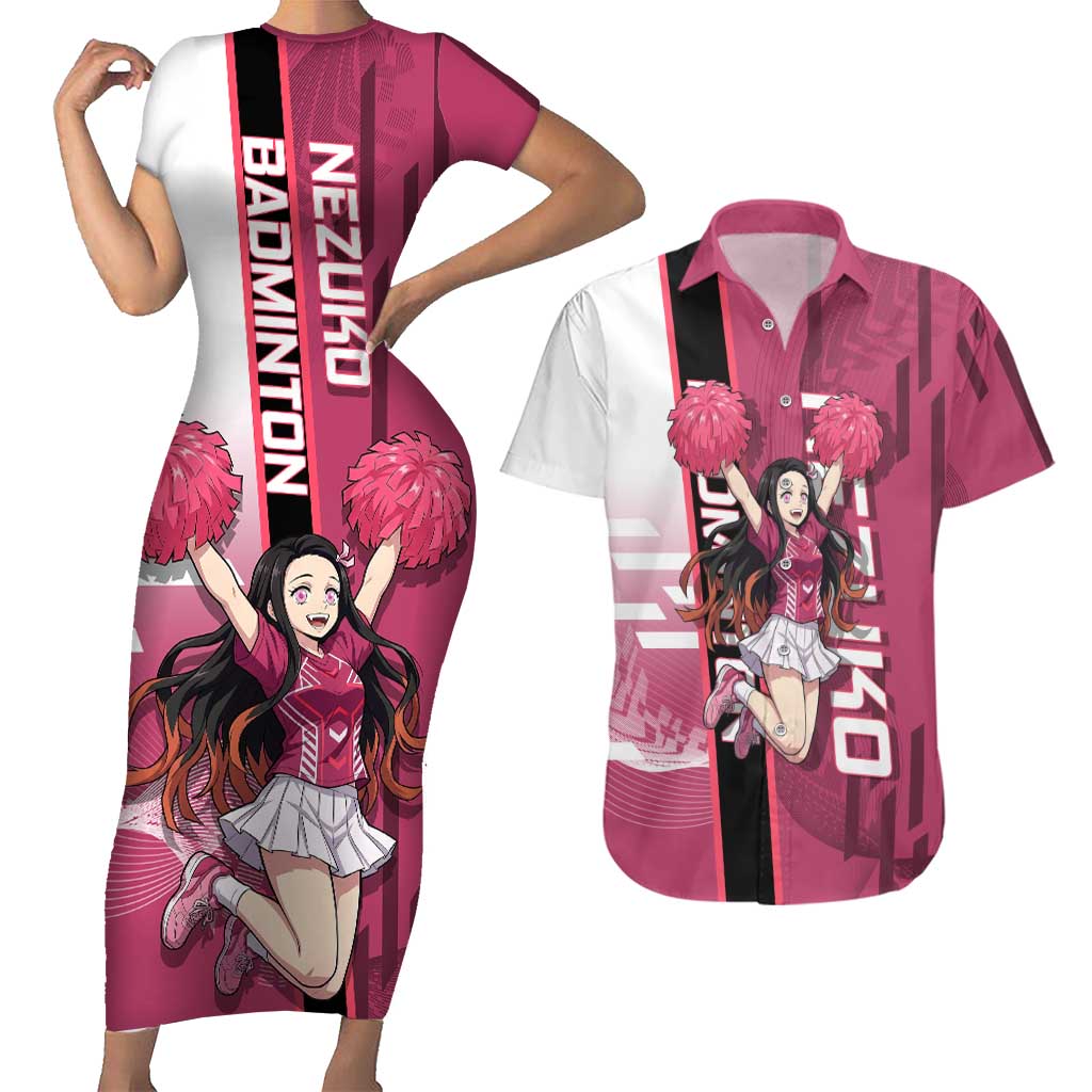 Personalized Nezuko Kamado Demon Slayer Badminton Cheerleader Couples Matching Short Sleeve Bodycon Dress and Hawaiian Shirt with Pom Poms and Pink White Graphic Design - The Mazicc