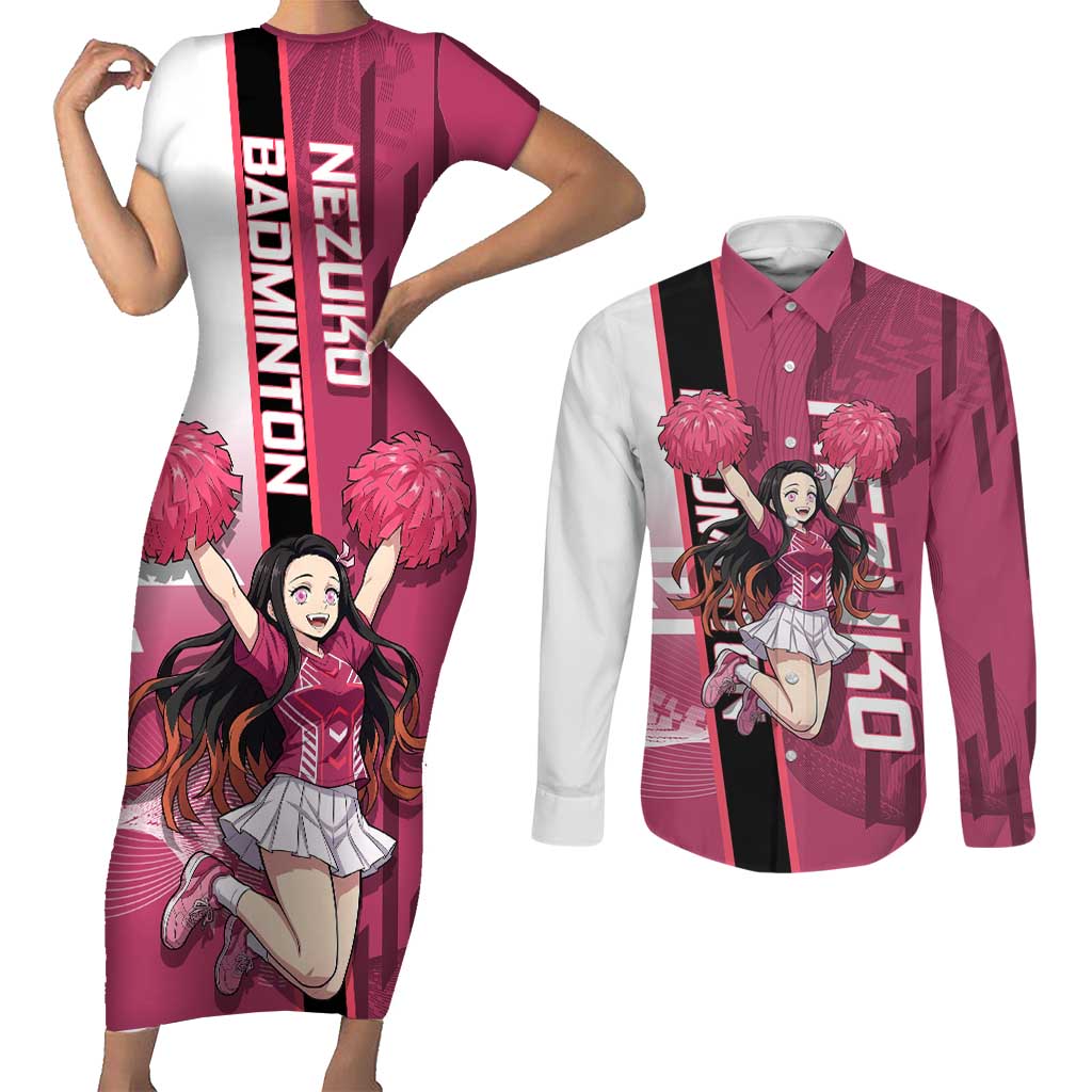 Personalized Nezuko Kamado Demon Slayer Badminton Cheerleader Couples Matching Short Sleeve Bodycon Dress and Long Sleeve Button Shirt with Pom Poms and Pink White Graphic Design - The Mazicc