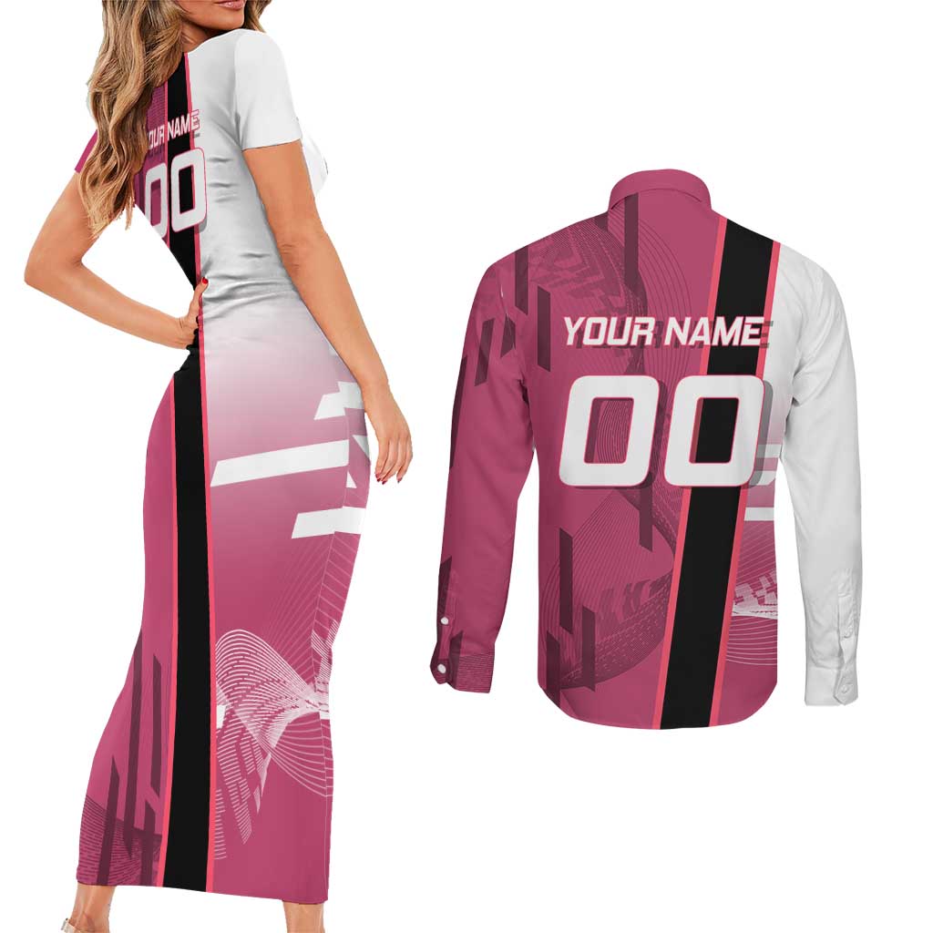 Personalized Nezuko Kamado Demon Slayer Badminton Cheerleader Couples Matching Short Sleeve Bodycon Dress and Long Sleeve Button Shirt with Pom Poms and Pink White Graphic Design - The Mazicc