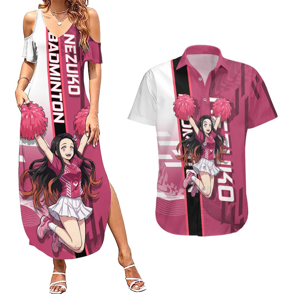 Personalized Nezuko Kamado Demon Slayer Badminton Cheerleader Couples Matching Summer Maxi Dress and Hawaiian Shirt with Pom Poms and Pink White Graphic Design - The Mazicc