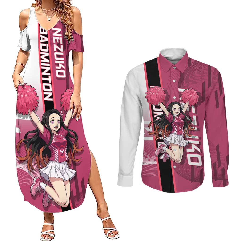 Personalized Nezuko Kamado Demon Slayer Badminton Cheerleader Couples Matching Summer Maxi Dress and Long Sleeve Button Shirt with Pom Poms and Pink White Graphic Design - The Mazicc