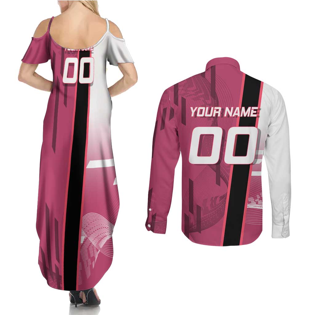 Personalized Nezuko Kamado Demon Slayer Badminton Cheerleader Couples Matching Summer Maxi Dress and Long Sleeve Button Shirt with Pom Poms and Pink White Graphic Design - The Mazicc