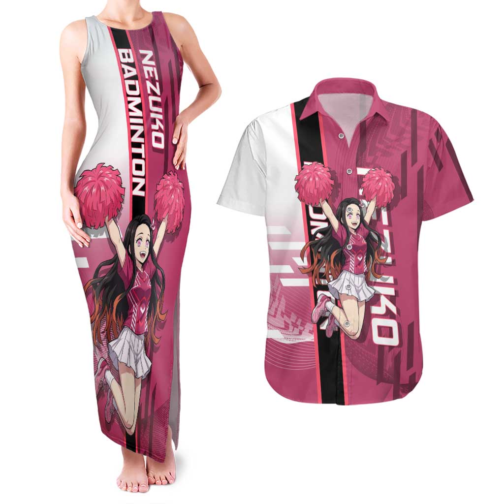 Personalized Nezuko Kamado Demon Slayer Badminton Cheerleader Couples Matching Tank Maxi Dress and Hawaiian Shirt with Pom Poms and Pink White Graphic Design - The Mazicc