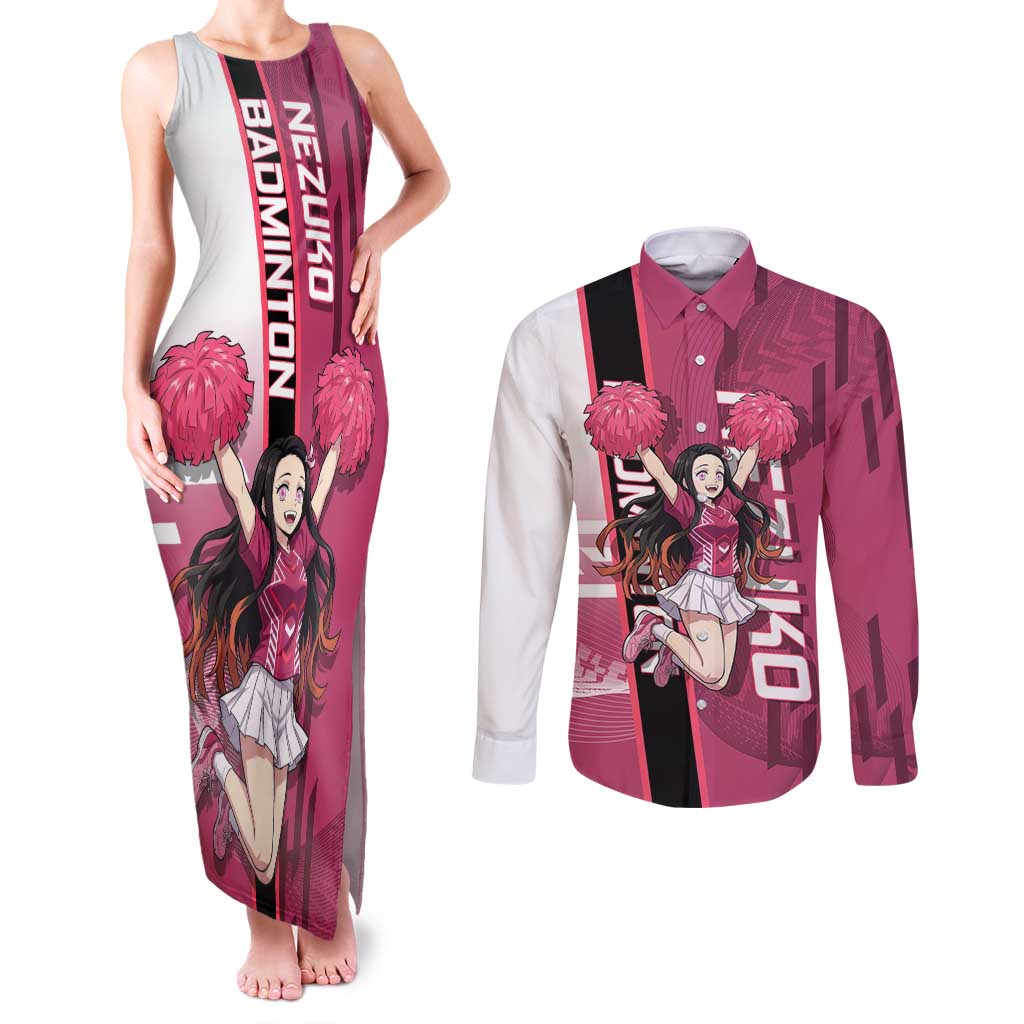 Personalized Nezuko Kamado Demon Slayer Badminton Cheerleader Couples Matching Tank Maxi Dress and Long Sleeve Button Shirt with Pom Poms and Pink White Graphic Design - The Mazicc