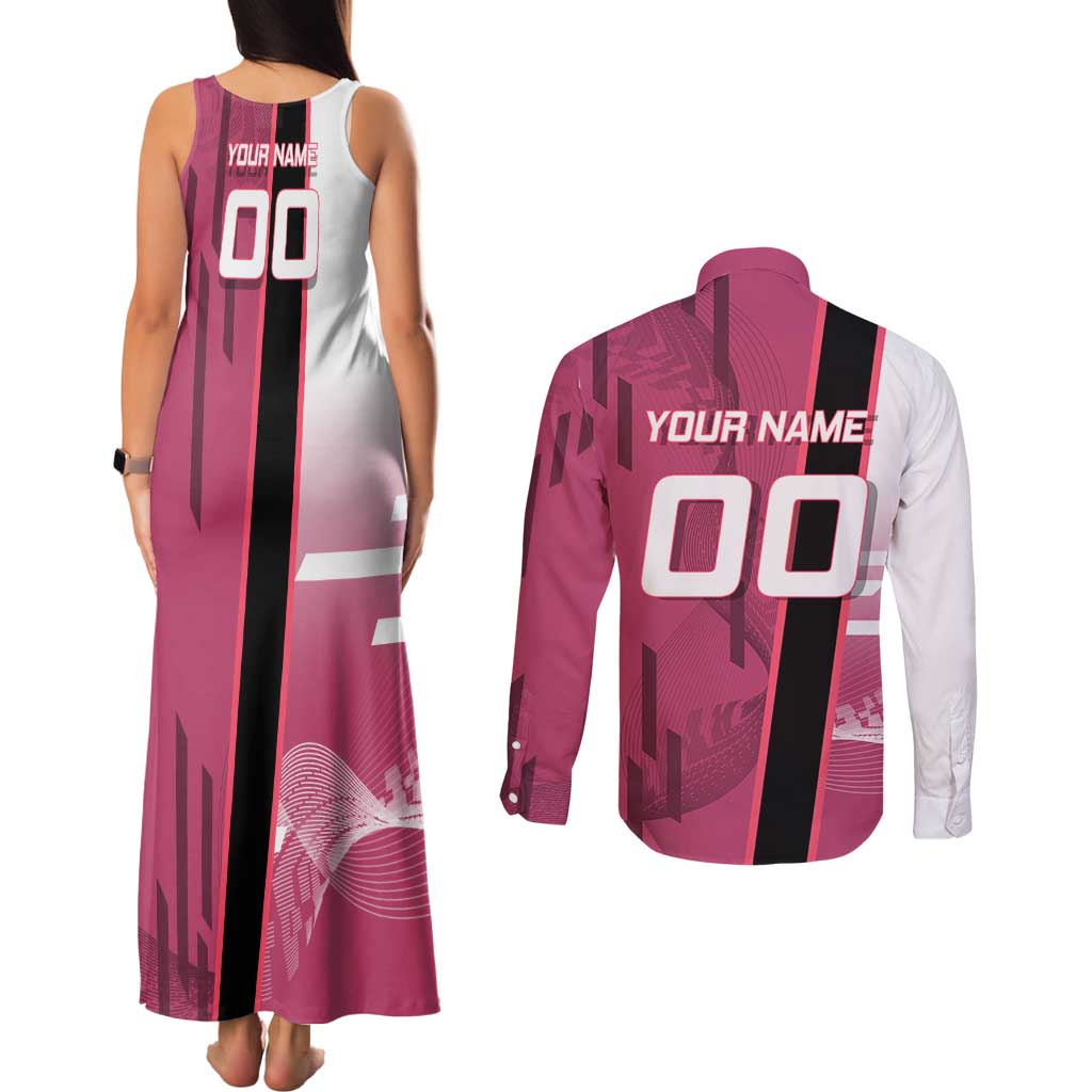 Personalized Nezuko Kamado Demon Slayer Badminton Cheerleader Couples Matching Tank Maxi Dress and Long Sleeve Button Shirt with Pom Poms and Pink White Graphic Design - The Mazicc