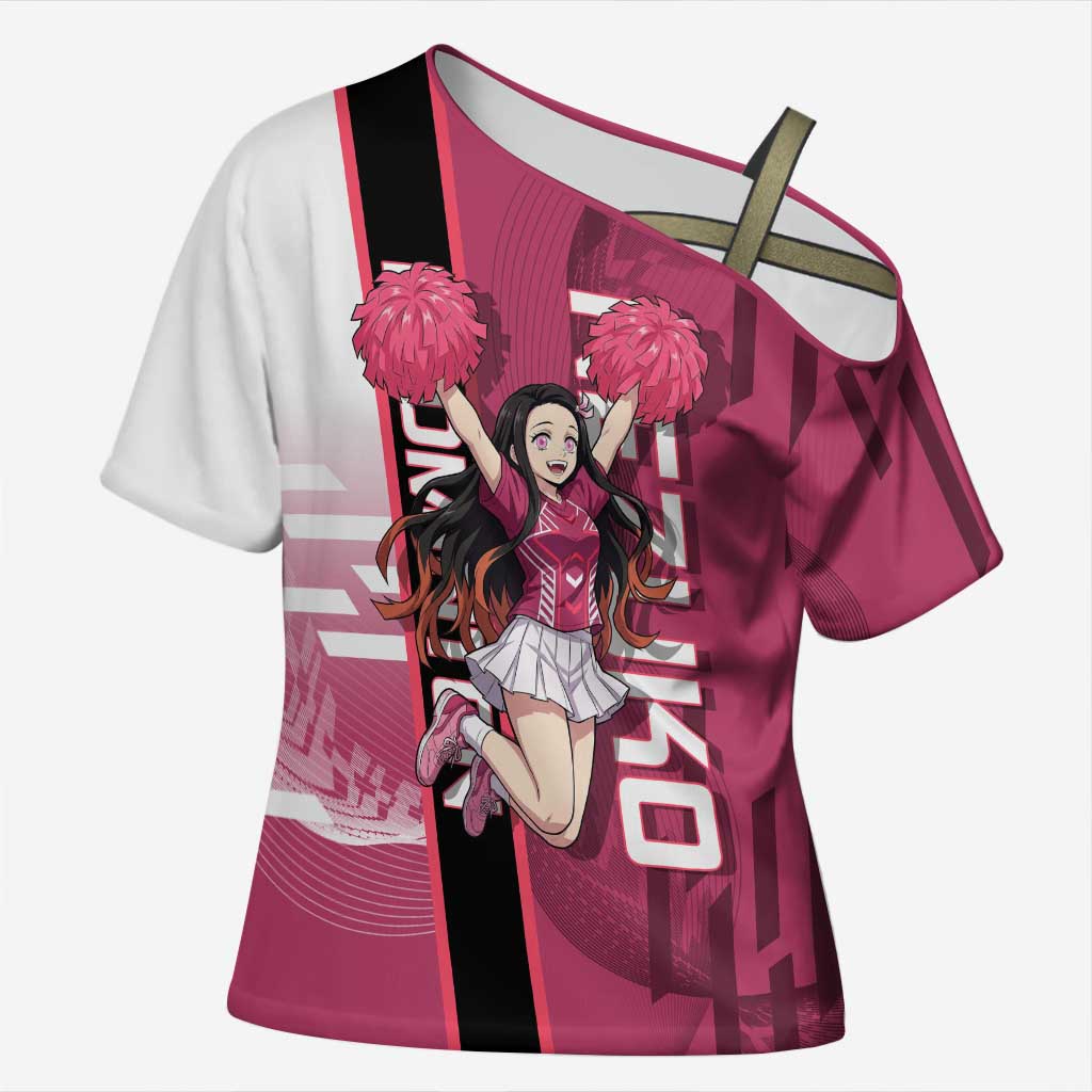 Personalized Nezuko Kamado Demon Slayer Badminton Cheerleader Cross Shoulder Shirt with Pom Poms and Pink White Graphic Design - The Mazicc