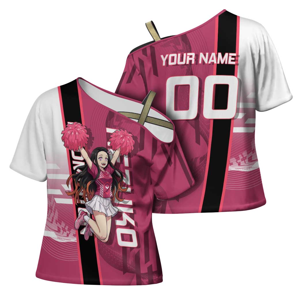 Personalized Nezuko Kamado Demon Slayer Badminton Cheerleader Cross Shoulder Shirt with Pom Poms and Pink White Graphic Design - The Mazicc
