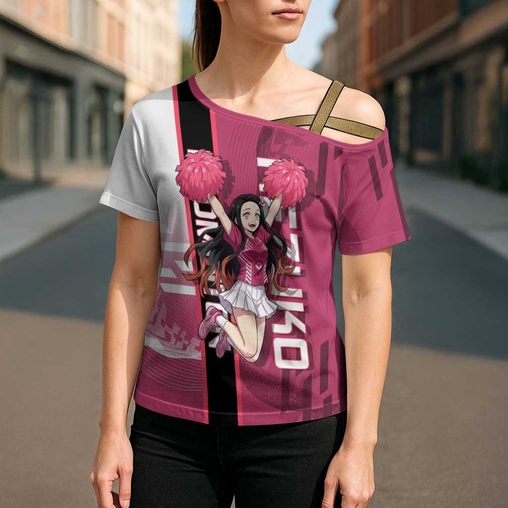 Personalized Nezuko Kamado Demon Slayer Badminton Cheerleader Cross Shoulder Shirt with Pom Poms and Pink White Graphic Design - The Mazicc