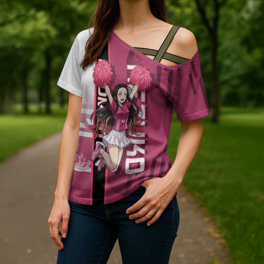 Personalized Nezuko Kamado Demon Slayer Badminton Cheerleader Cross Shoulder Shirt with Pom Poms and Pink White Graphic Design - The Mazicc