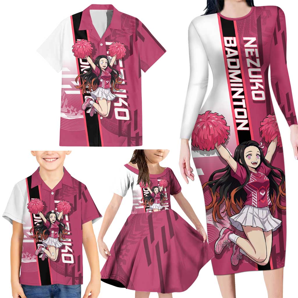Personalized Nezuko Kamado Demon Slayer Badminton Cheerleader Family Matching Long Sleeve Bodycon Dress and Hawaiian Shirt with Pom Poms and Pink White Graphic Design