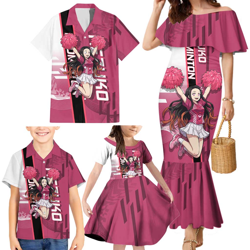 Personalized Nezuko Kamado Demon Slayer Badminton Cheerleader Family Matching Mermaid Dress and Hawaiian Shirt with Pom Poms and Pink White Graphic Design