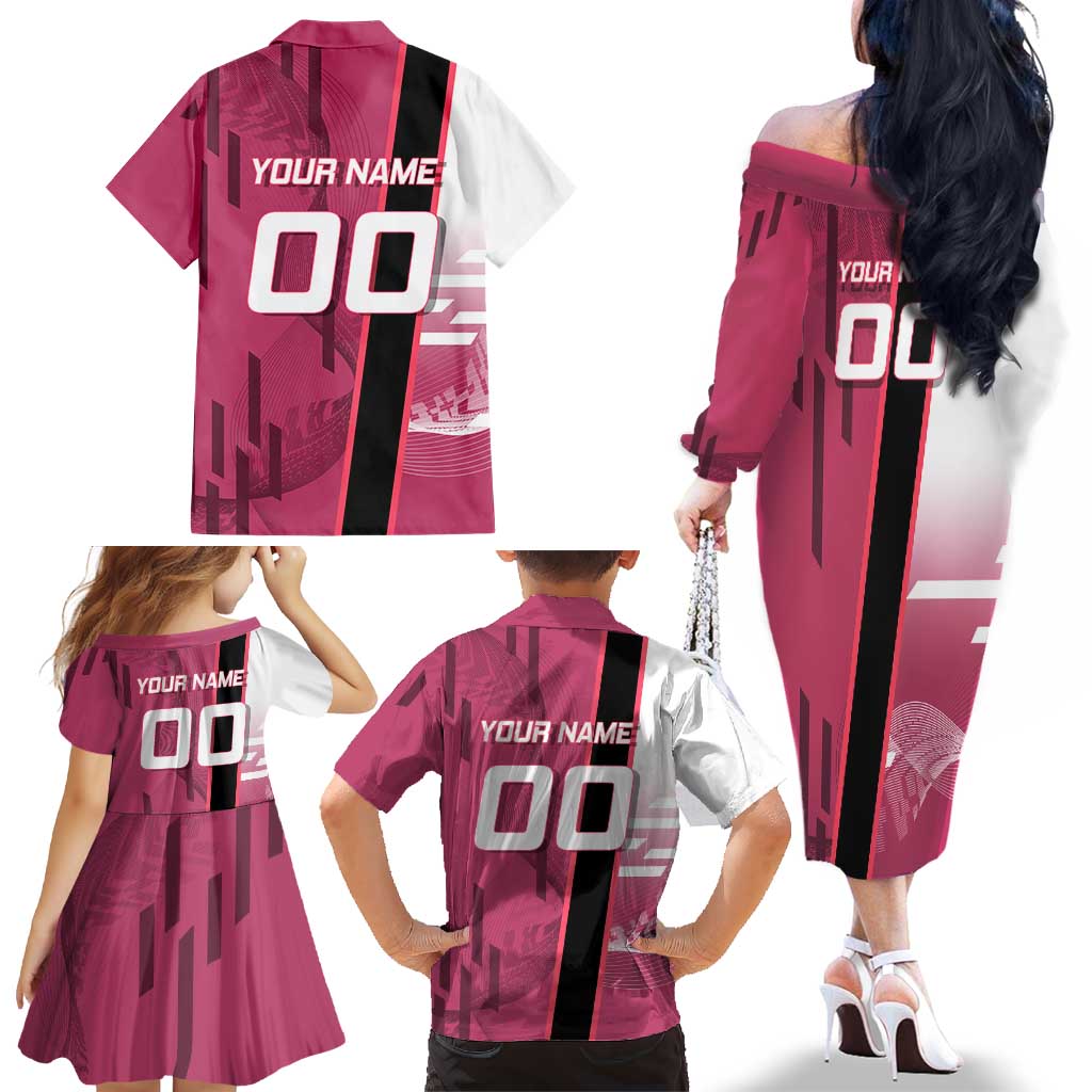 Personalized Nezuko Kamado Demon Slayer Badminton Cheerleader Family Matching Off The Shoulder Long Sleeve Dress and Hawaiian Shirt with Pom Poms and Pink White Graphic Design
