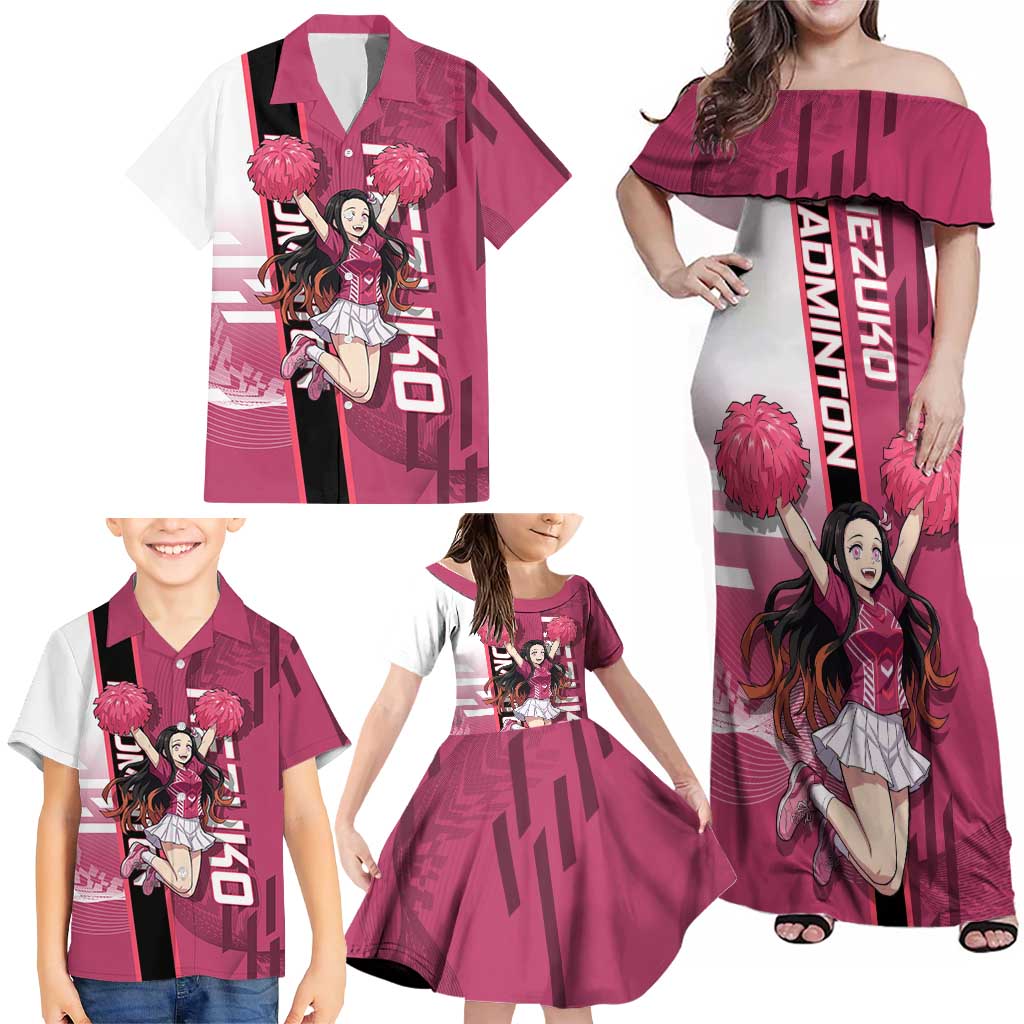 Personalized Nezuko Kamado Demon Slayer Badminton Cheerleader Family Matching Off Shoulder Maxi Dress and Hawaiian Shirt with Pom Poms and Pink White Graphic Design
