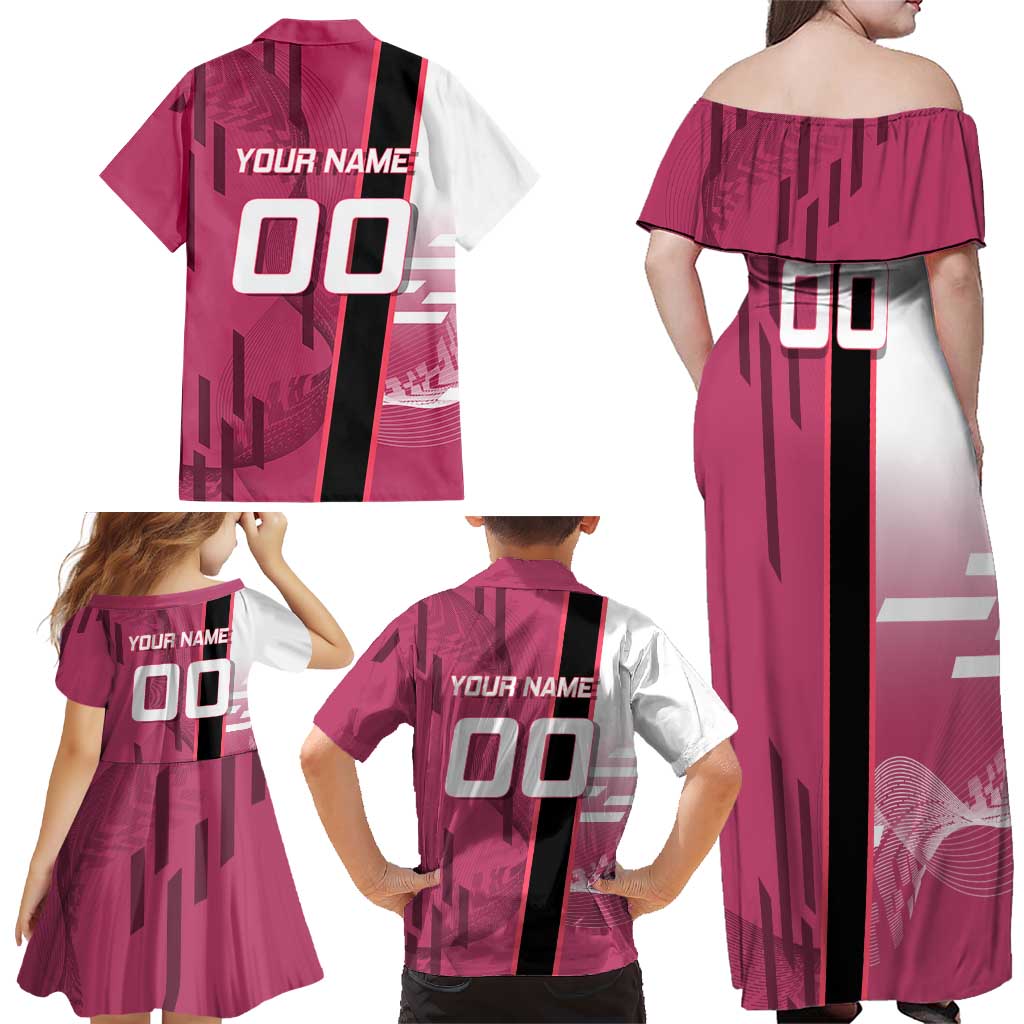 Personalized Nezuko Kamado Demon Slayer Badminton Cheerleader Family Matching Off Shoulder Maxi Dress and Hawaiian Shirt with Pom Poms and Pink White Graphic Design