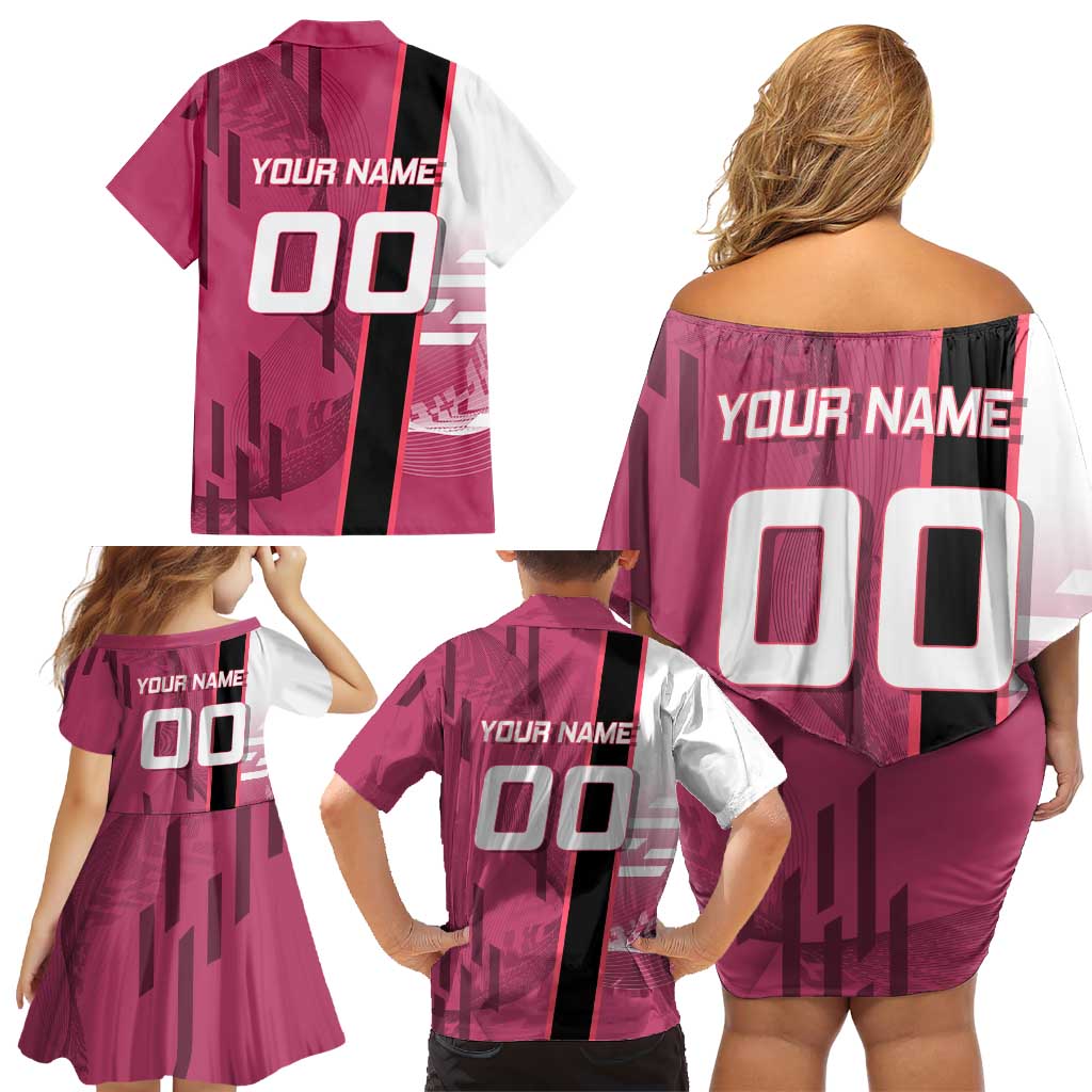 Personalized Nezuko Kamado Demon Slayer Badminton Cheerleader Family Matching Off Shoulder Short Dress and Hawaiian Shirt with Pom Poms and Pink White Graphic Design