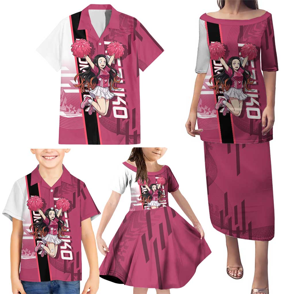 Personalized Nezuko Kamado Demon Slayer Badminton Cheerleader Family Matching Puletasi and Hawaiian Shirt with Pom Poms and Pink White Graphic Design