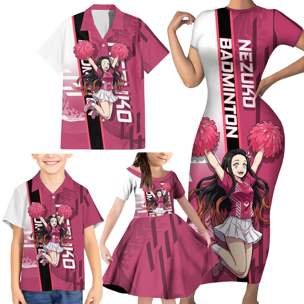 Personalized Nezuko Kamado Demon Slayer Badminton Cheerleader Family Matching Short Sleeve Bodycon Dress and Hawaiian Shirt with Pom Poms and Pink White Graphic Design