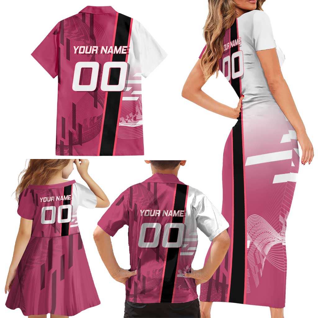 Personalized Nezuko Kamado Demon Slayer Badminton Cheerleader Family Matching Short Sleeve Bodycon Dress and Hawaiian Shirt with Pom Poms and Pink White Graphic Design