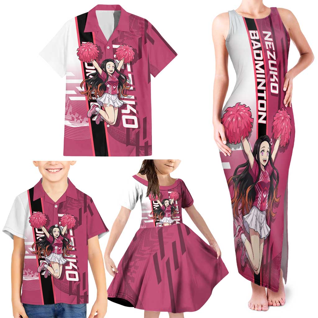 Personalized Nezuko Kamado Demon Slayer Badminton Cheerleader Family Matching Tank Maxi Dress and Hawaiian Shirt with Pom Poms and Pink White Graphic Design