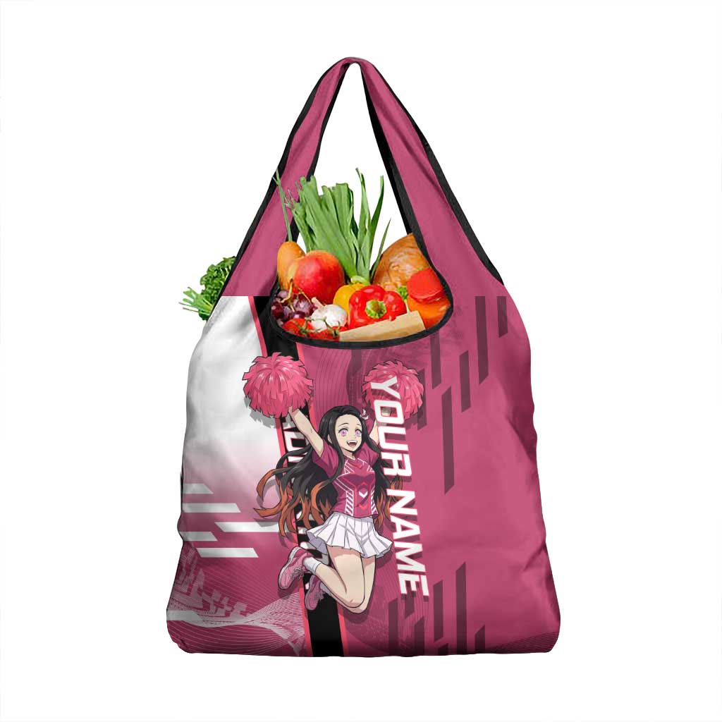 Personalized Nezuko Kamado Demon Slayer Badminton Cheerleader Grocery Bag with Pom Poms and Pink White Graphic Design - The Mazicc