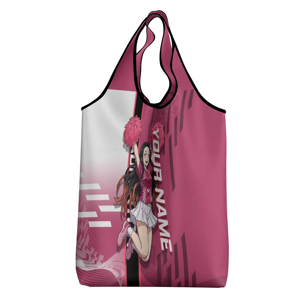 Personalized Nezuko Kamado Demon Slayer Badminton Cheerleader Grocery Bag with Pom Poms and Pink White Graphic Design - The Mazicc