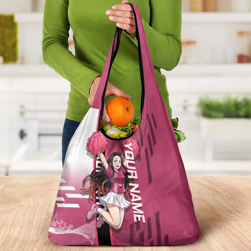 Personalized Nezuko Kamado Demon Slayer Badminton Cheerleader Grocery Bag with Pom Poms and Pink White Graphic Design - The Mazicc