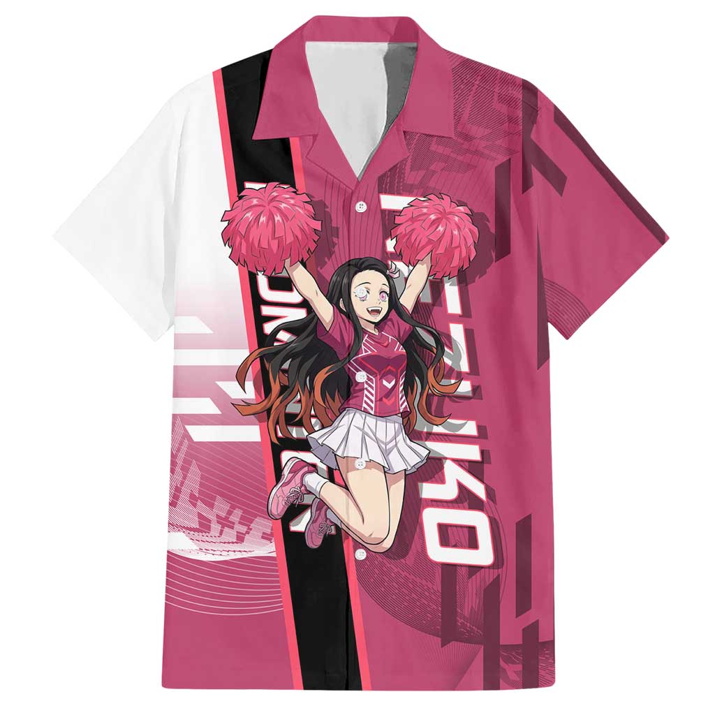 Personalized Nezuko Kamado Demon Slayer Badminton Cheerleader Hawaiian Shirt with Pom Poms and Pink White Graphic Design - The Mazicc
