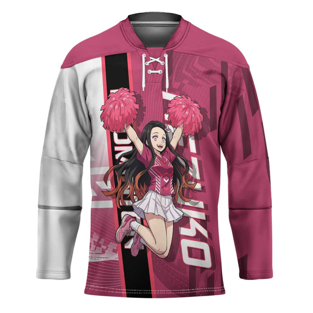 Personalized Nezuko Kamado Demon Slayer Badminton Cheerleader Hockey Jersey with Pom Poms and Pink White Graphic Design - The Mazicc