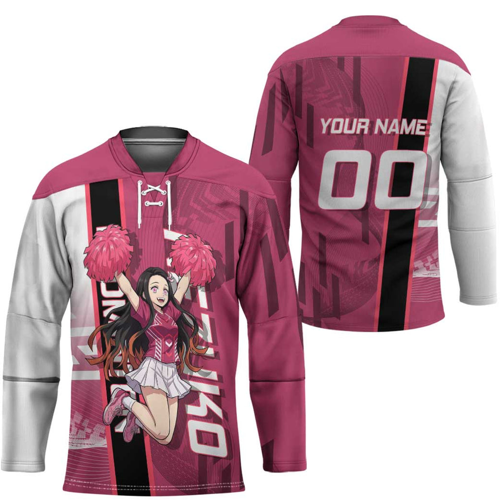 Personalized Nezuko Kamado Demon Slayer Badminton Cheerleader Hockey Jersey with Pom Poms and Pink White Graphic Design - The Mazicc