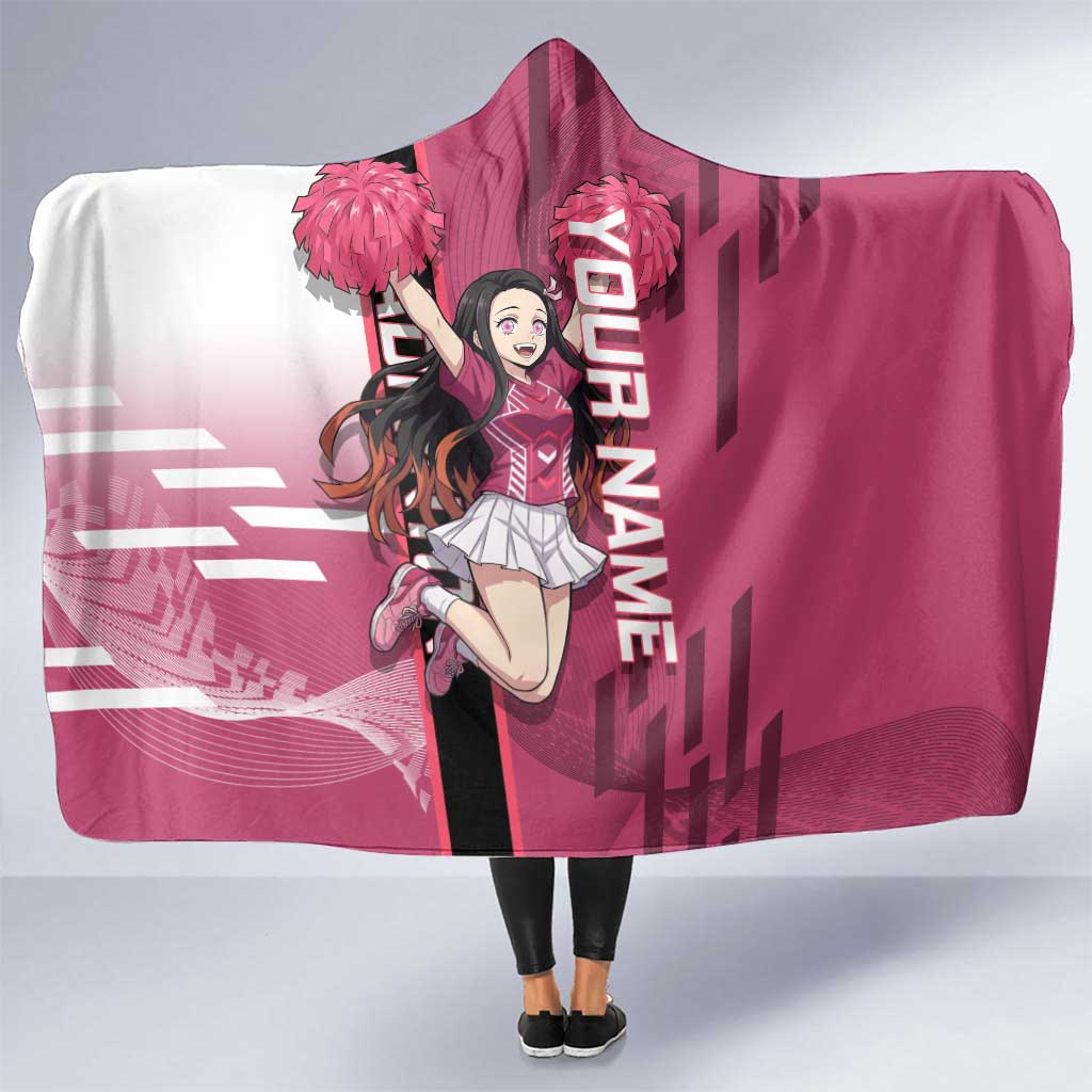 Personalized Nezuko Kamado Demon Slayer Badminton Cheerleader Hooded Blanket with Pom Poms and Pink White Graphic Design - The Mazicc