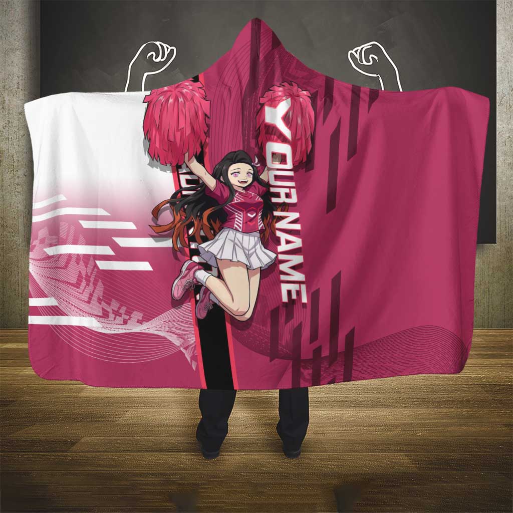 Personalized Nezuko Kamado Demon Slayer Badminton Cheerleader Hooded Blanket with Pom Poms and Pink White Graphic Design - The Mazicc