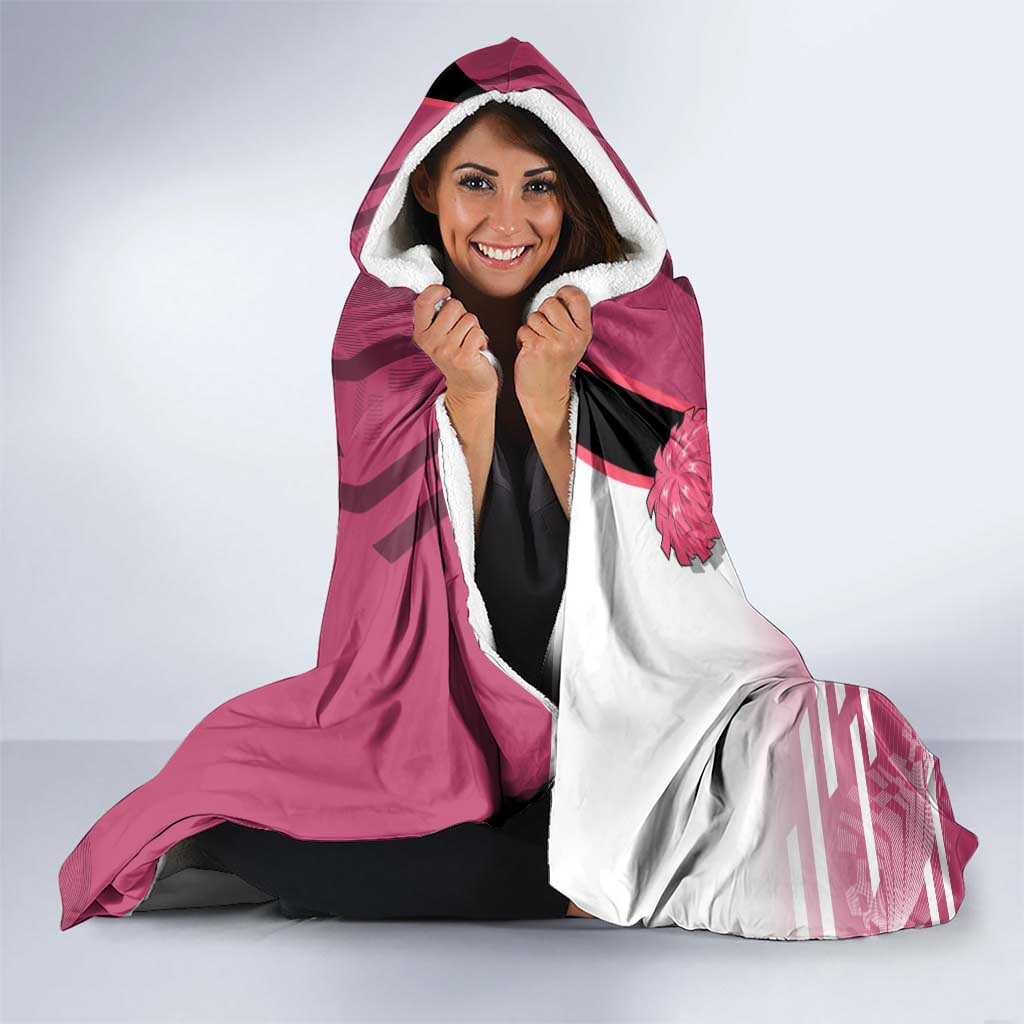 Personalized Nezuko Kamado Demon Slayer Badminton Cheerleader Hooded Blanket with Pom Poms and Pink White Graphic Design - The Mazicc