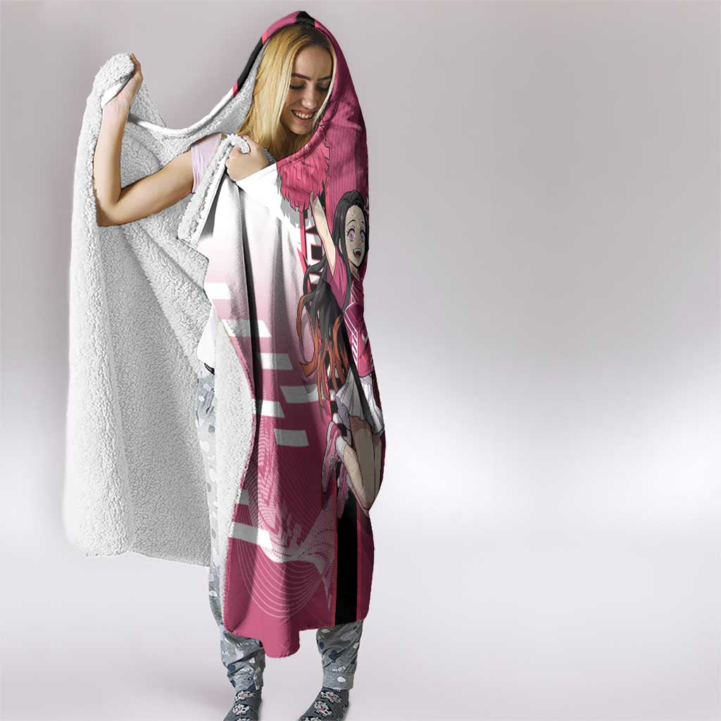 Personalized Nezuko Kamado Demon Slayer Badminton Cheerleader Hooded Blanket with Pom Poms and Pink White Graphic Design - The Mazicc